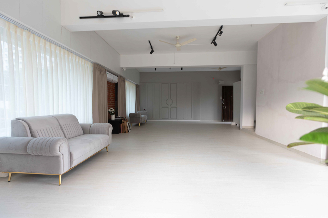 Evening lighting setup inside the main studio area